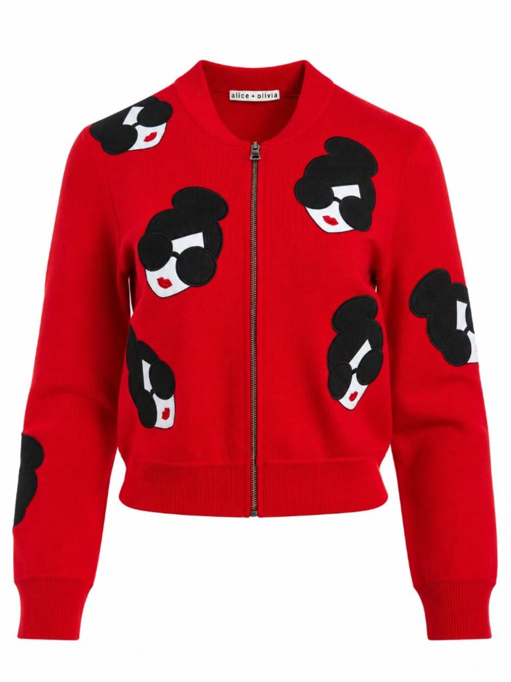 Alice + Olivia Theron Stace Face Zip Up Wool Cardigan Bomber Red XS